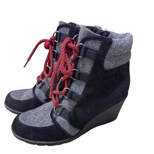 R2 Womens 6.5 Wedge Heel Black Gray Booties Red Laces 6.5 Winter Ankle Boots